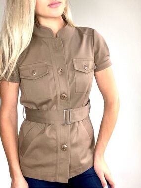 Trina Turk tan brown belted short-sleeve utility top